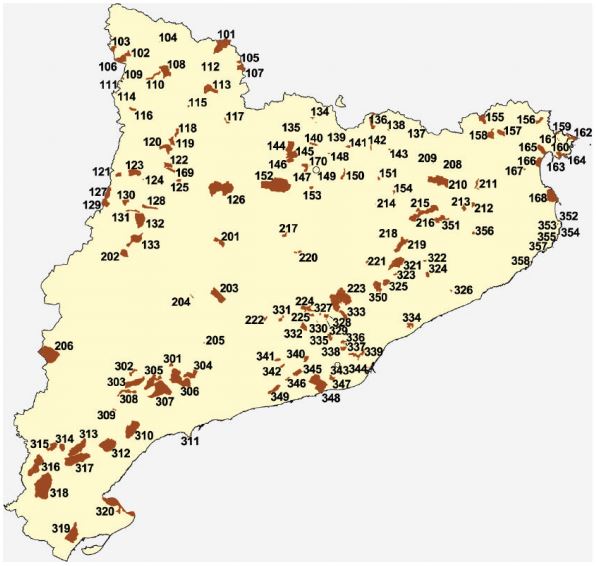 Mapa de l'inventari d'espais d'interès geològic a Catalunya del Departament de Territori i Sostenibilitat. El conformen geotòps, de poca extensió i geozones, més extenses.